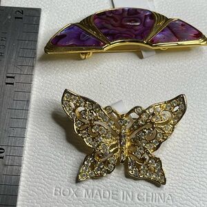 Gold and Purple abalone brooch and a Butterfly Brooch